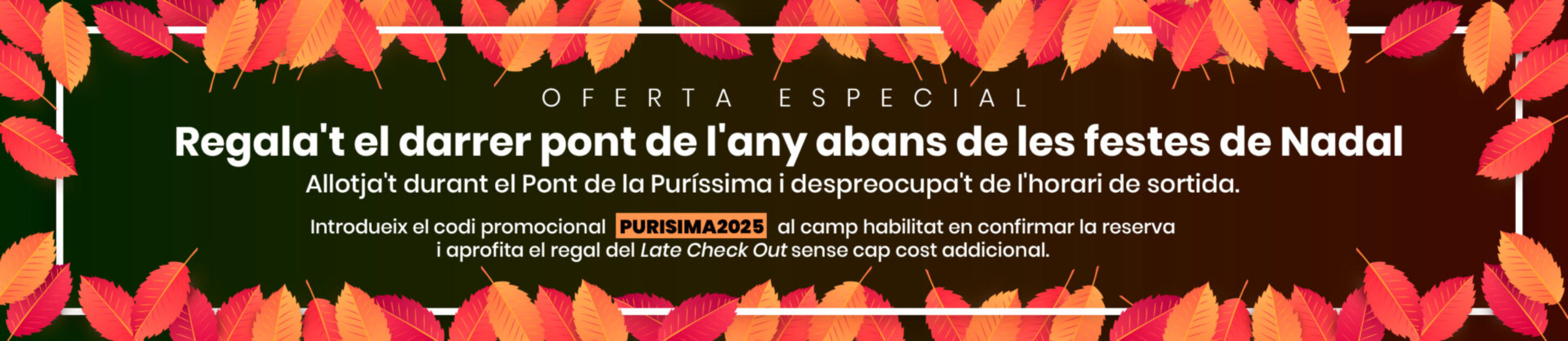 Regala't el darrer pont de l'any abans de les festes de Nadal Allotja't durant el Pont de la Puríssima i despreocupa't de l'horari de sortida. Introdueix el codi promocional “PURISIMA2025” al camp habilitat en confirmar la teva reserva i aprofita el regal del Late Check Out sense cap cost addicional.